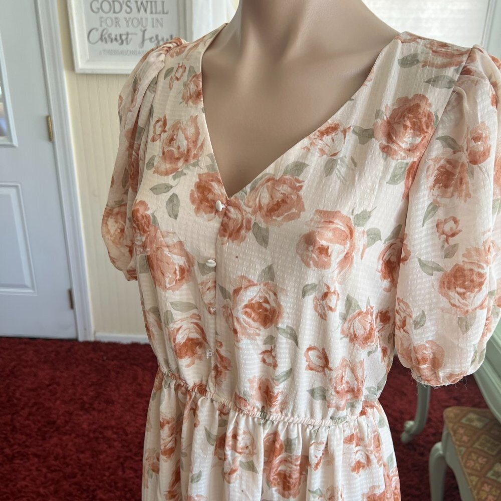 Bohemian Dusty Orange Floral Midi Dress Sz S by Blu Pepper - Picture 13 of 15